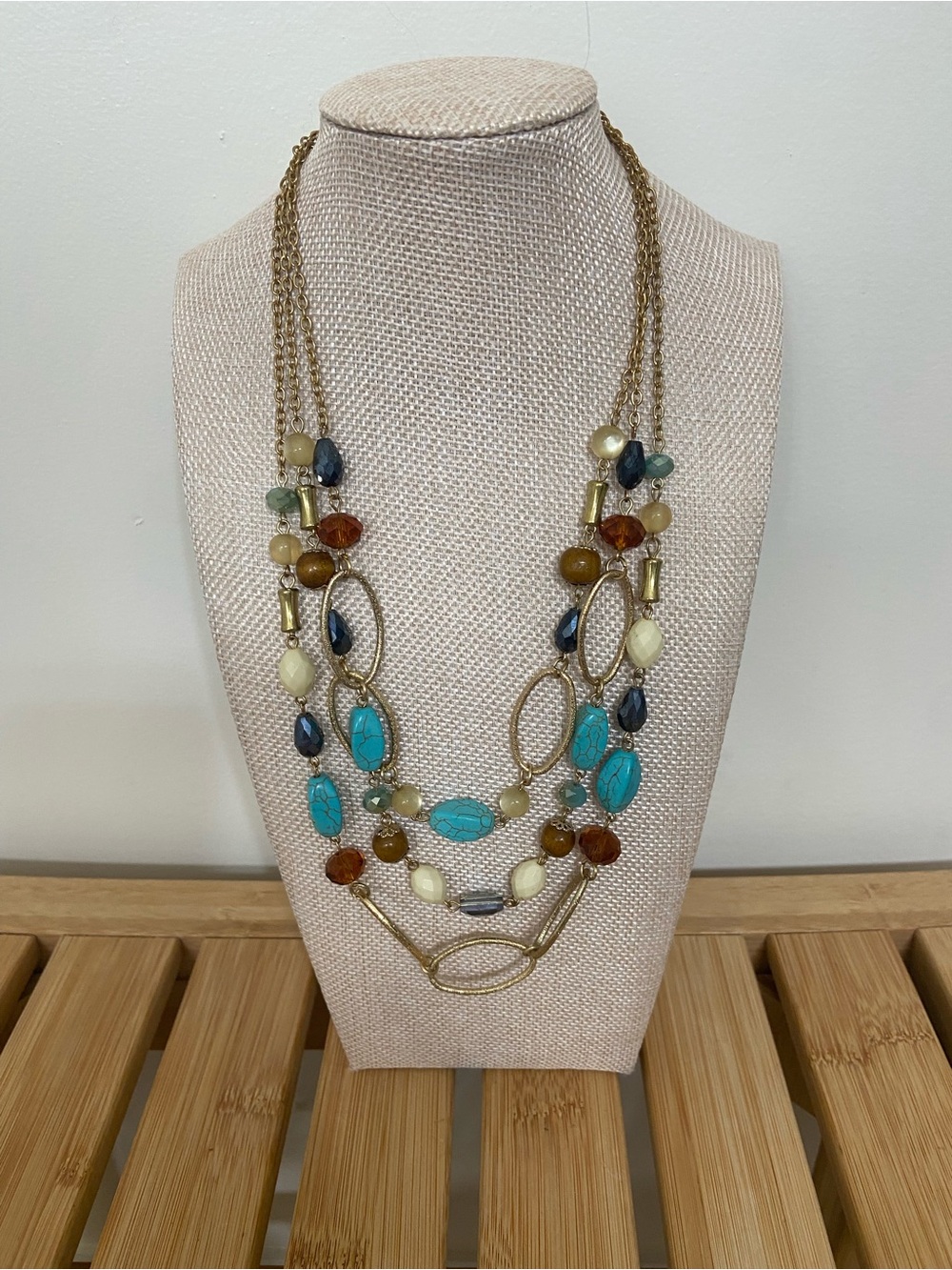 Chico’s Multi Strand Statement Necklace Turquoise Amber Gold Tone Boho 21”
